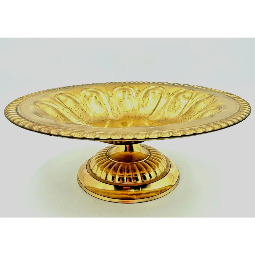 Vintage Solid Brass Pedestal Compote Bowl Rope Rim Fluted Hollywood Regency
